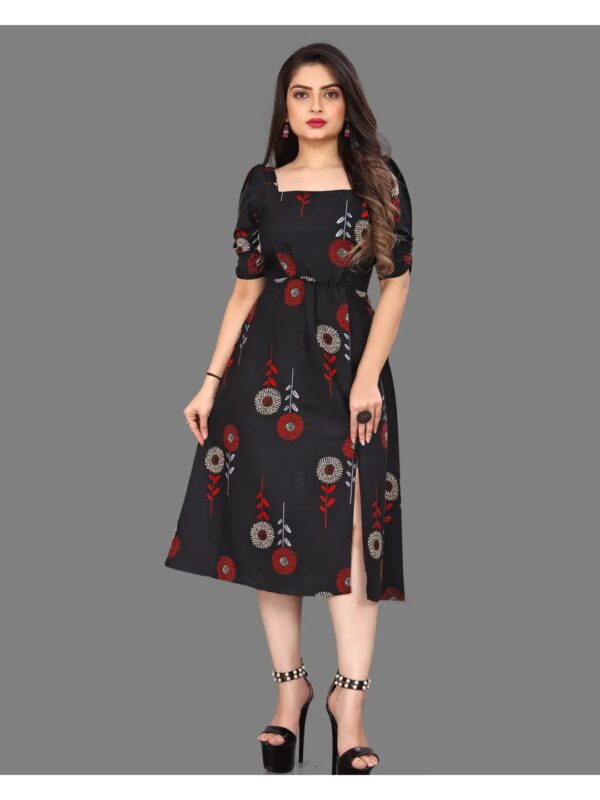 Black Floral Fit and Flare Slit Midi Dress for Women