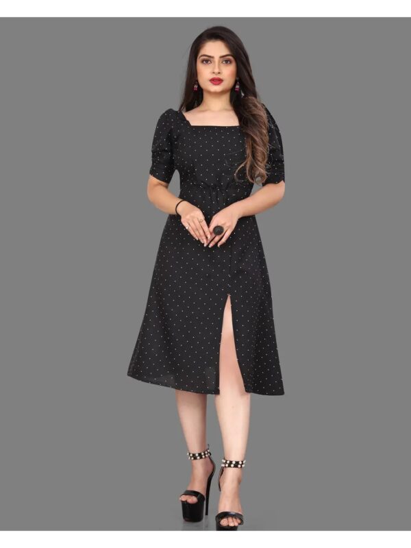 Black Polka Dot Fit and Flare Slit Midi Dress for Women