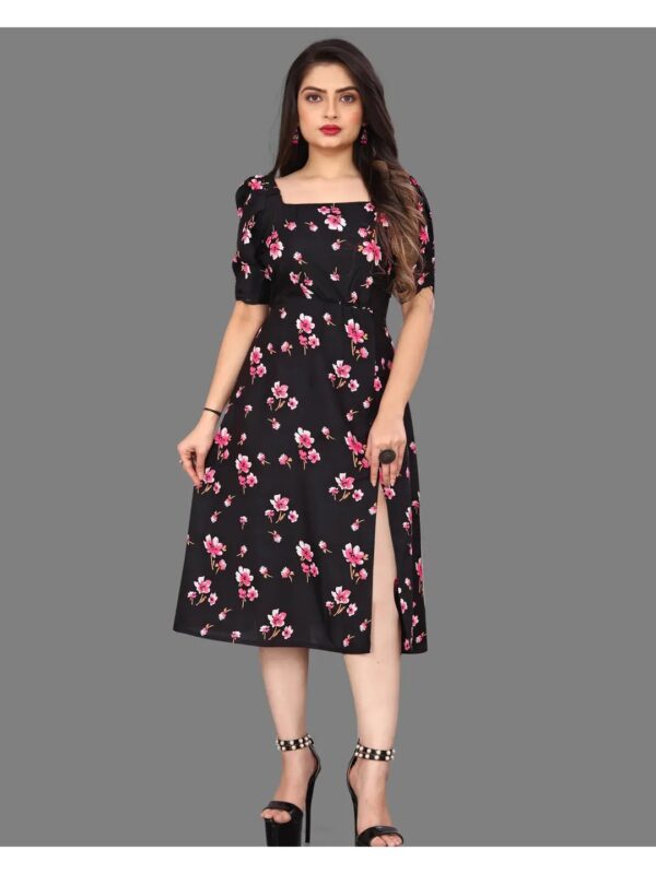 Pink Floral Fit and Flare Slit Midi Dress for Women