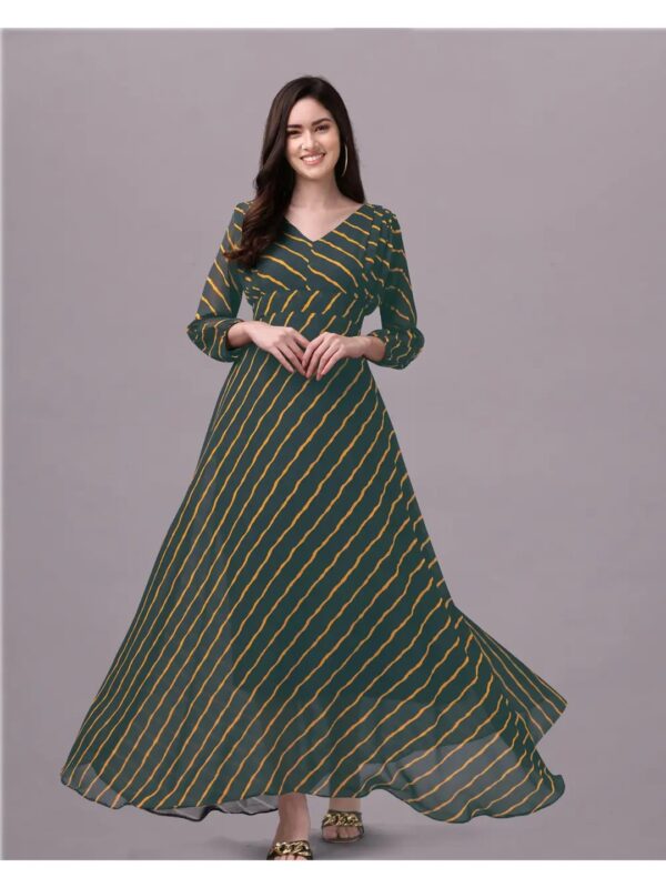 Dark Green Striped Georgette Maxi Gown for Women