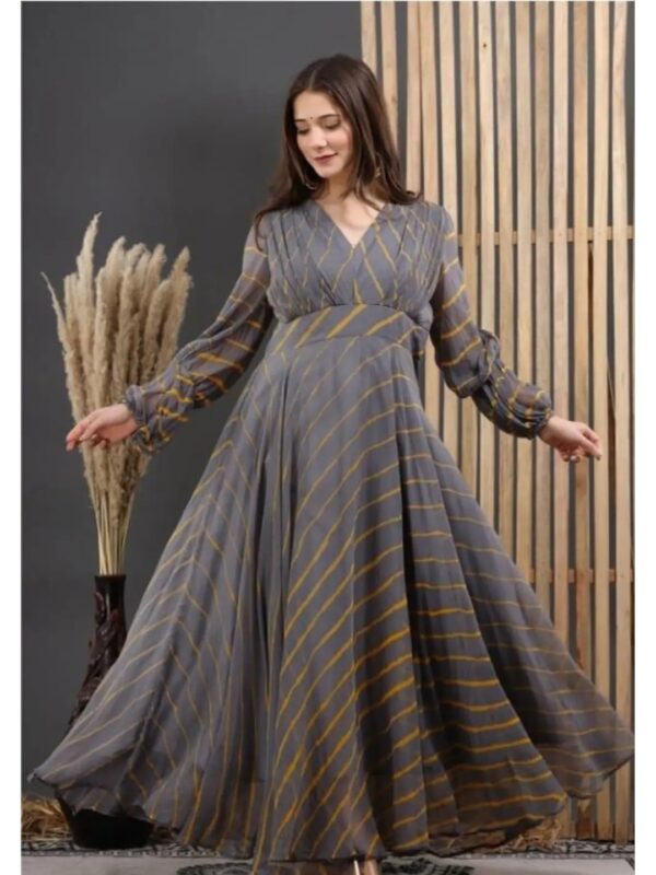 Grey Striped Georgette Maxi Gown for Women