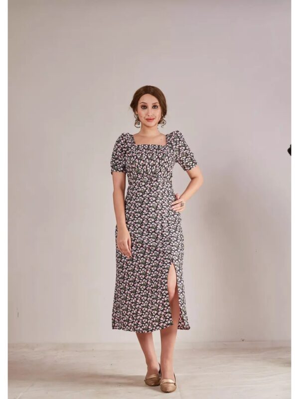 Grey Floral Fit and Flare Slit Midi Dress for Women