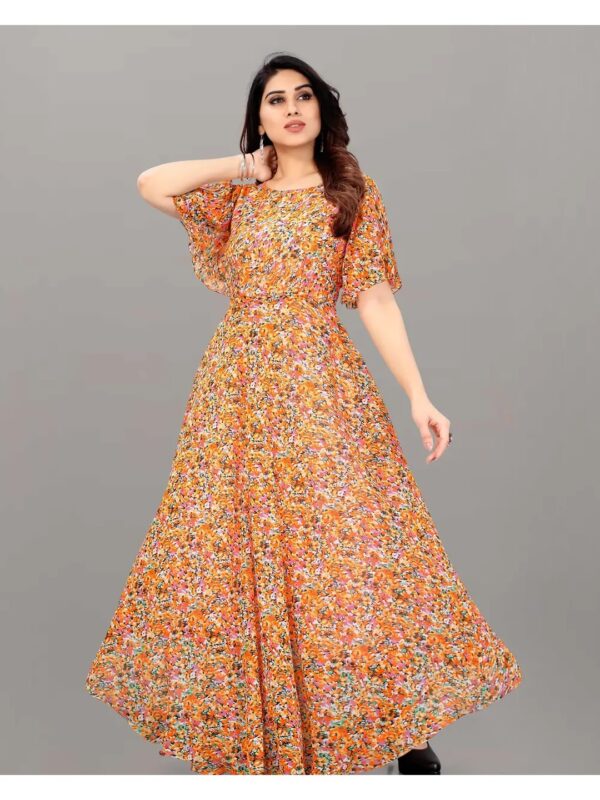 Mustard Yellow Floral Fit and Flare Ruffle Maxi Dress for Women