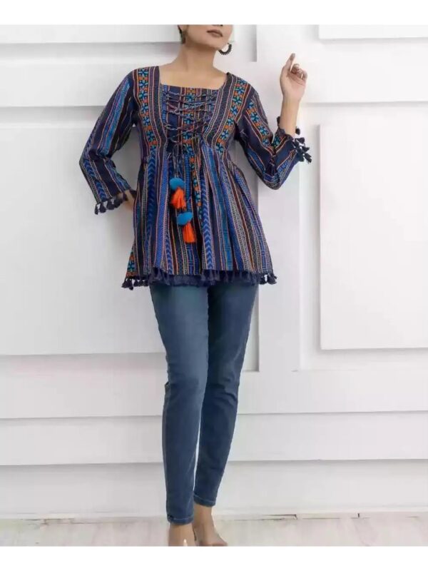 Navy Blue Printed Ethnic Peplum Top for Women