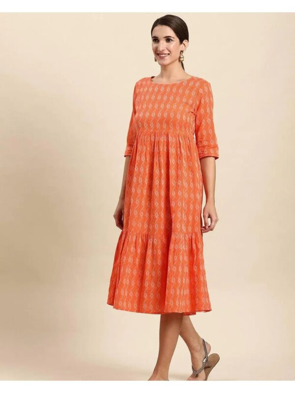 Orange Floral Printed Tiered Midi Dress for Women