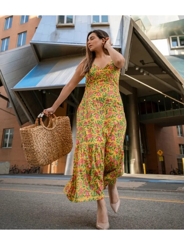 Yellow Floral Sleeveless Tiered Midi Dress for Women