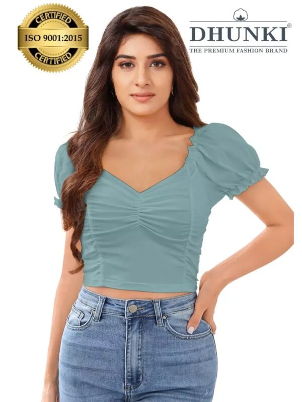 Dhunki Solid Smocked Puff Sleeve Crop Top for Women