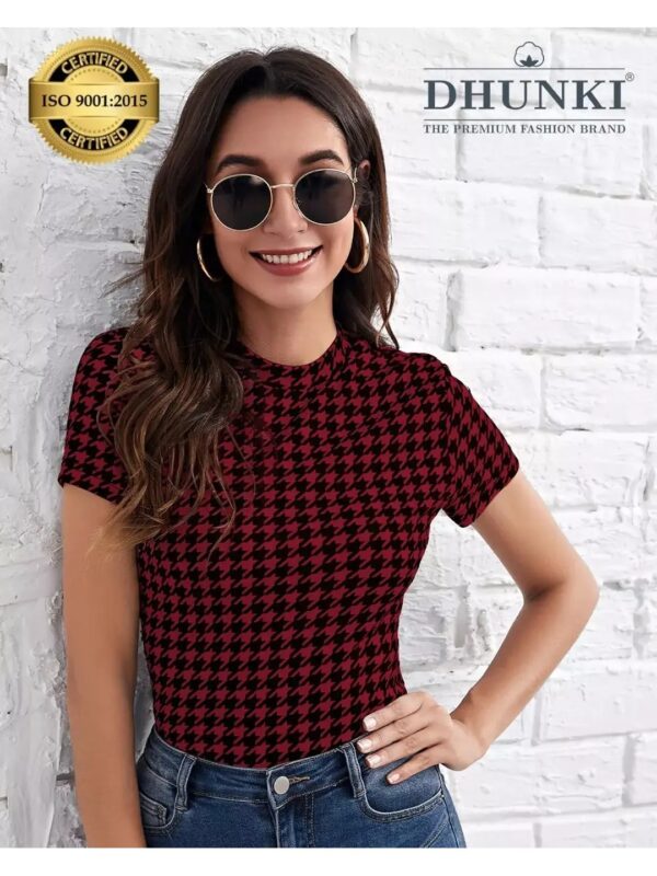Dhunki Red Houndstooth High Neck Bodycon Top for Women