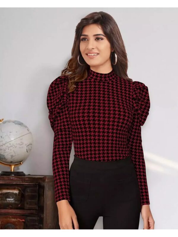 Dhunki Houndstooth Puff Sleeve Bodycon Top for Women