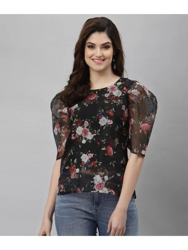 Selvia Floral Puff Sleeves Organza Top for Women