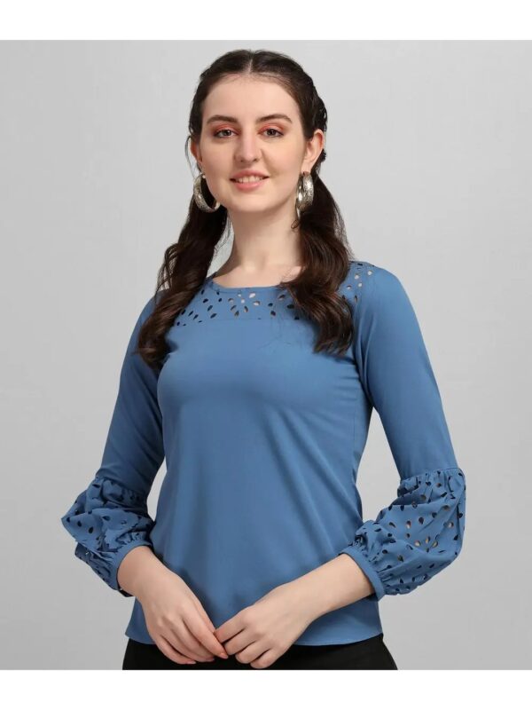 Selvia Blue Cutwork Long Sleeve Top for Women