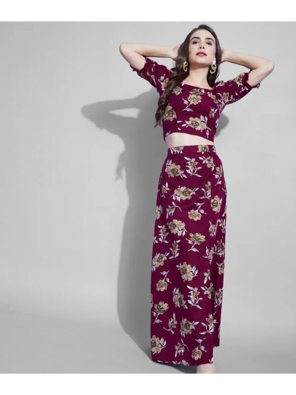 Selvia Floral Maroon Maxi Skirt Co-ord Set for Women