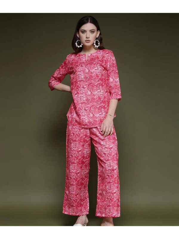 Selvia Pink Printed Tunic Top and Pants Co-ord Set for Women