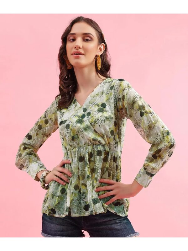 Selvia Green Printed Wrap Peplum Top for Women