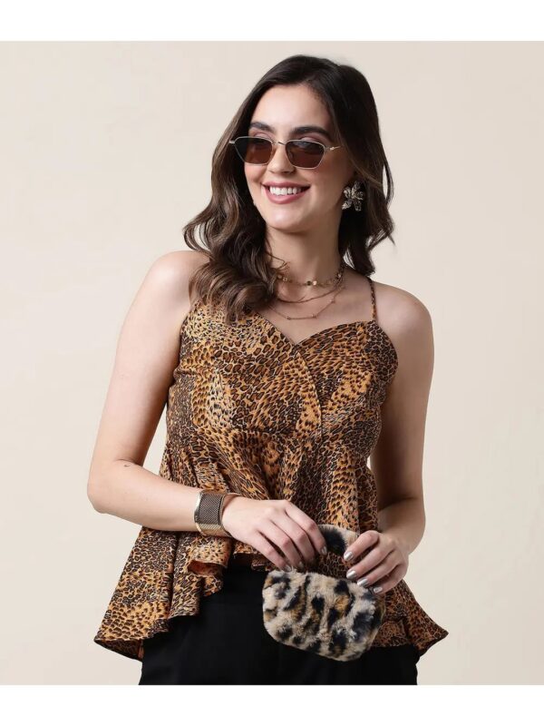 Selvia Cheetah Printed Brown Ruffle Peplum Top for Women