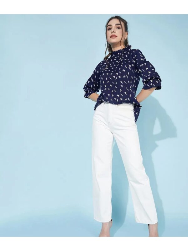 Selvia Blue Printed High Neck Ruffle Top for Women