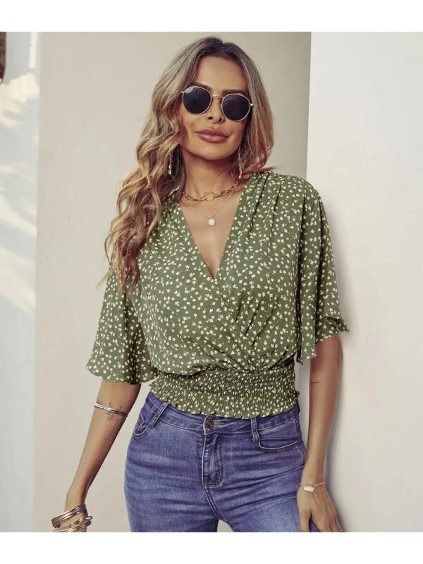 Selvia Olive Green Smocked Crop Top for Women