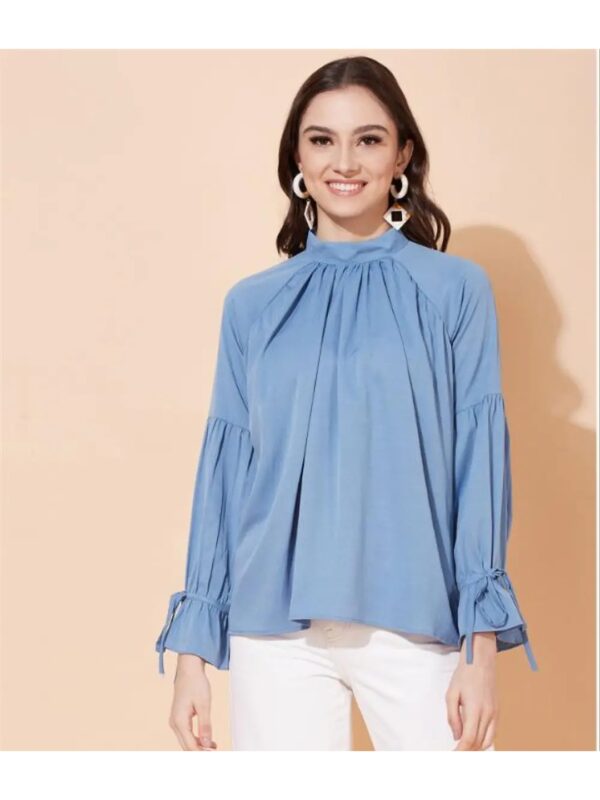 Selvia Sky Blue High Neck Ruffle Top for Women