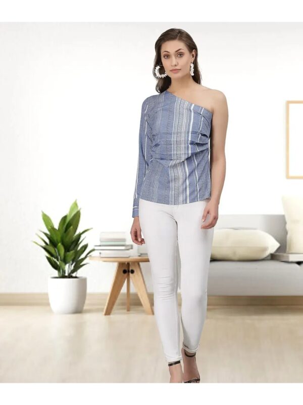 Selvia Grey One Shoulder Striped Regular Top for Women