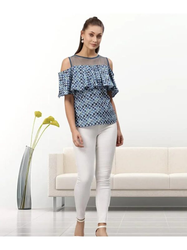 Selvia Checked Blue Off-Shoulder Ruffle Top for Women