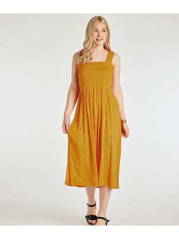 Selvia Yellow Smocked Midi Dress for Women
