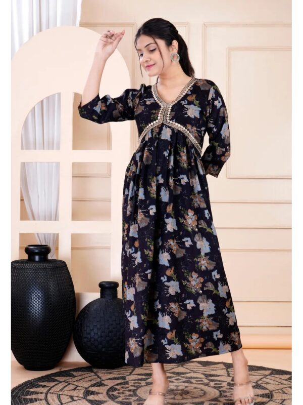 Navy Blue Printed Aliya Cut A-line Kurti for Women