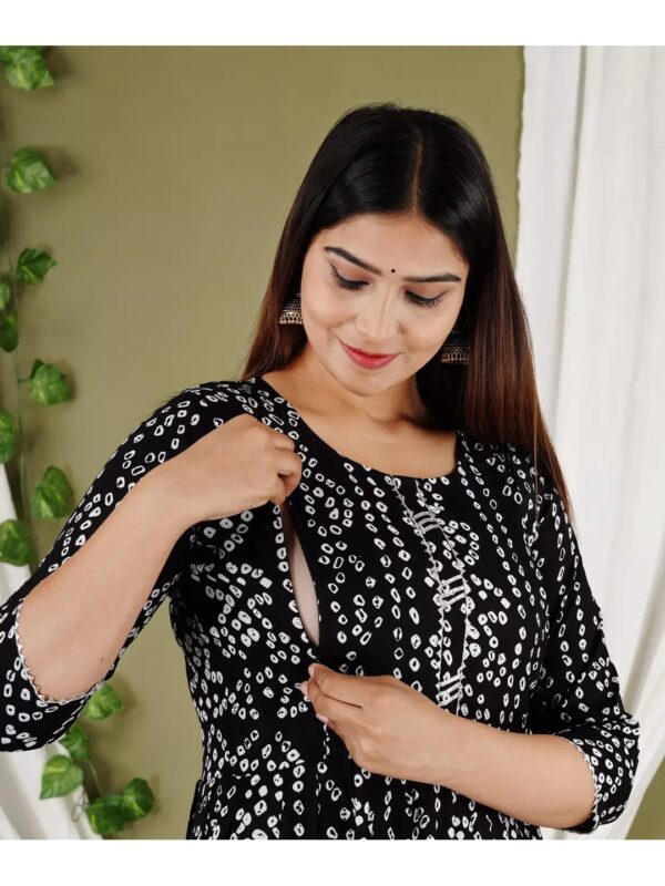 Bandhani Printed Black Maternity Feeding Anarkali Kurti for Women