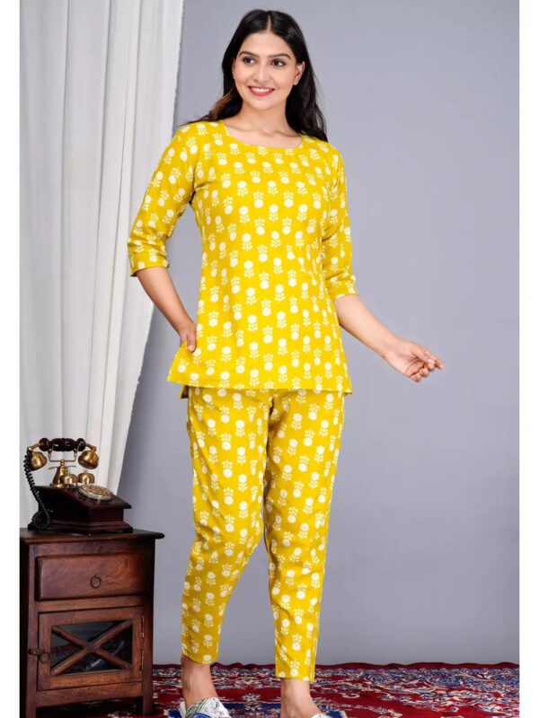 Yellow Ethnic Printed Kurta Pyjama Night Suit for Women