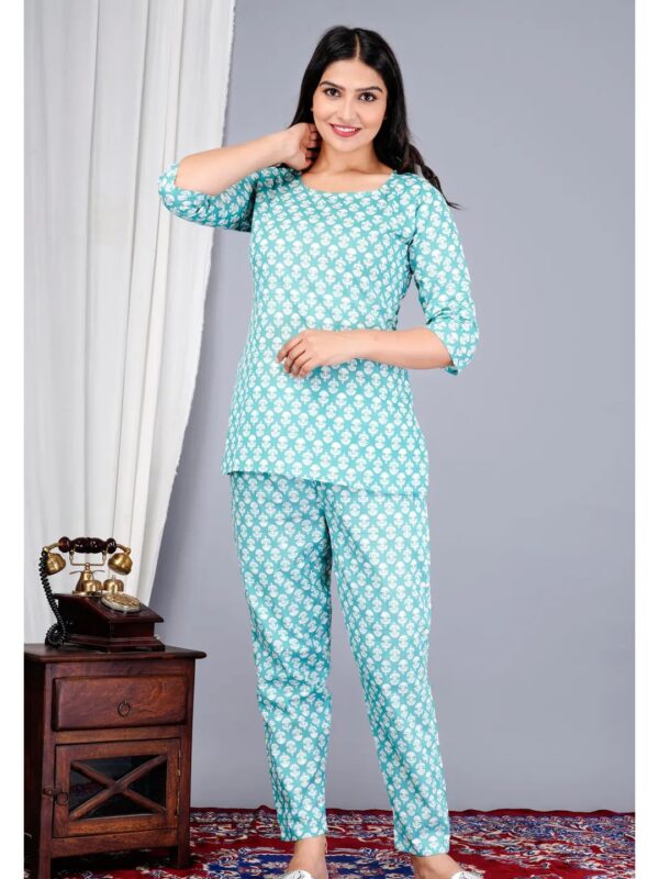 Sky Blue Ethnic Printed Kurta Pyjama Night Suit for Women