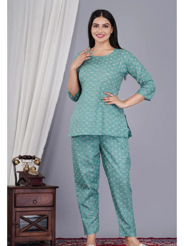 Sea Green Ethnic Printed Kurta Pyjama Night Suit for Women