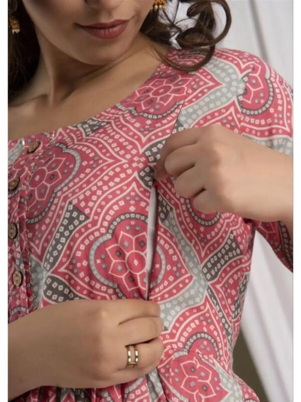 Peach Ethnic Motifs Printed Maternity Feeding Anarkali Kurti for Women