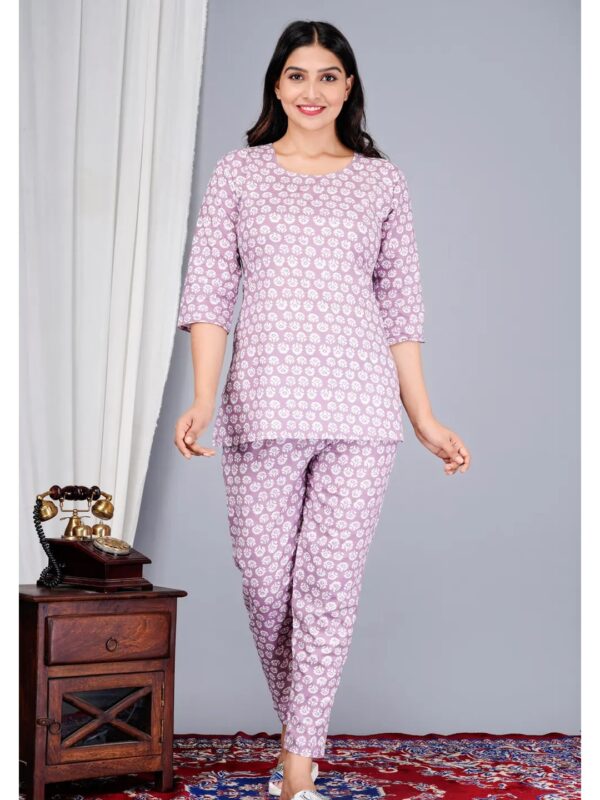 Lavender Ethnic Printed Kurta Pyjama Night Suit for Women