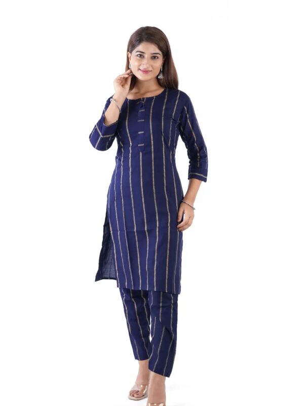 Navy Blue Vertical Striped Straight Kurti Set for Women