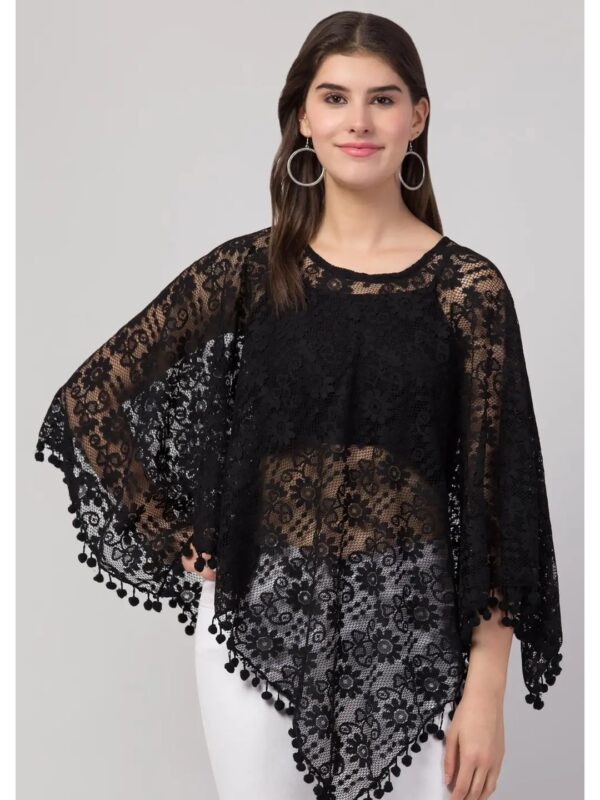 Black Net Embroidered Poncho for Women