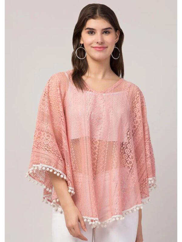 Pink Net Embroidered Poncho for Women
