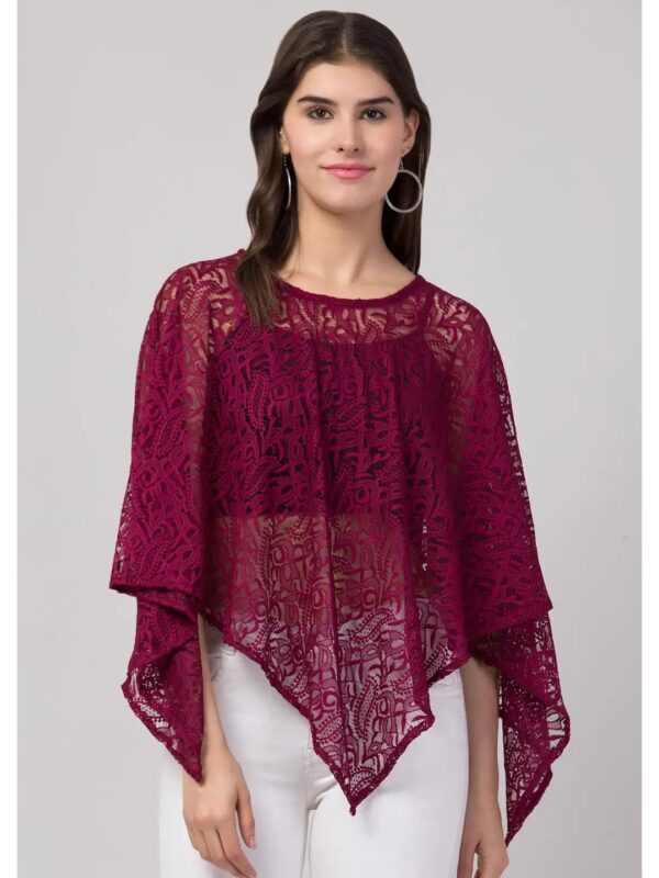 Maroon Net Embroidered Poncho for Women