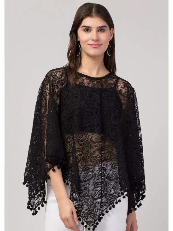 Black Net Embroidered Poncho for Women