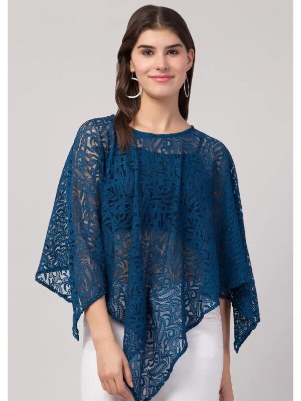 Teal Net Embroidered Poncho for Women