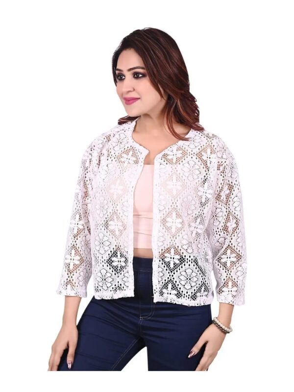 White Embroidered Self-Design Cropped Shrug for Women