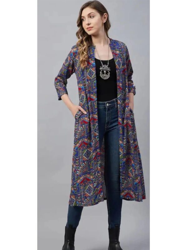 Indian Ethnic Motif Printed Blue Long Shrug for Women