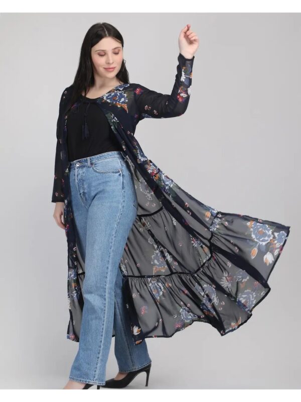 Black Floral Tiered Long Georgette Shrug for Women