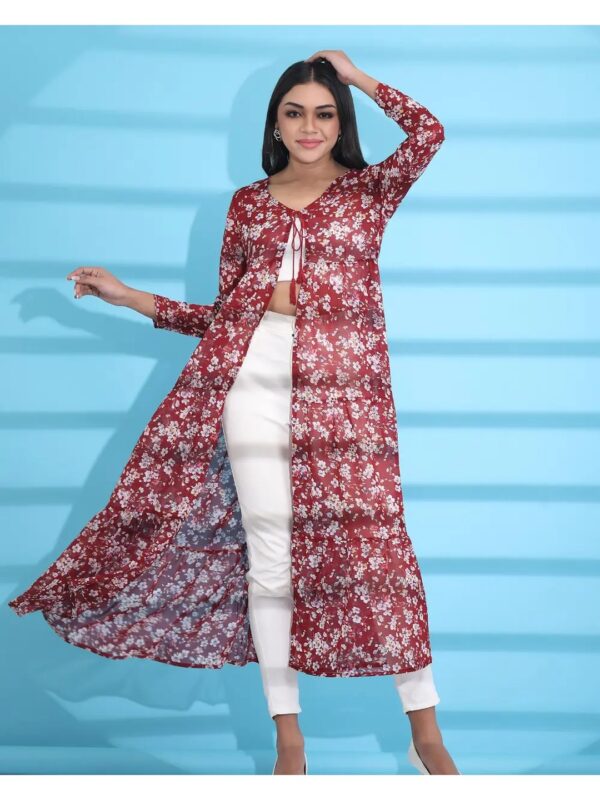 Red Floral Tiered Long Georgette Shrug for Women