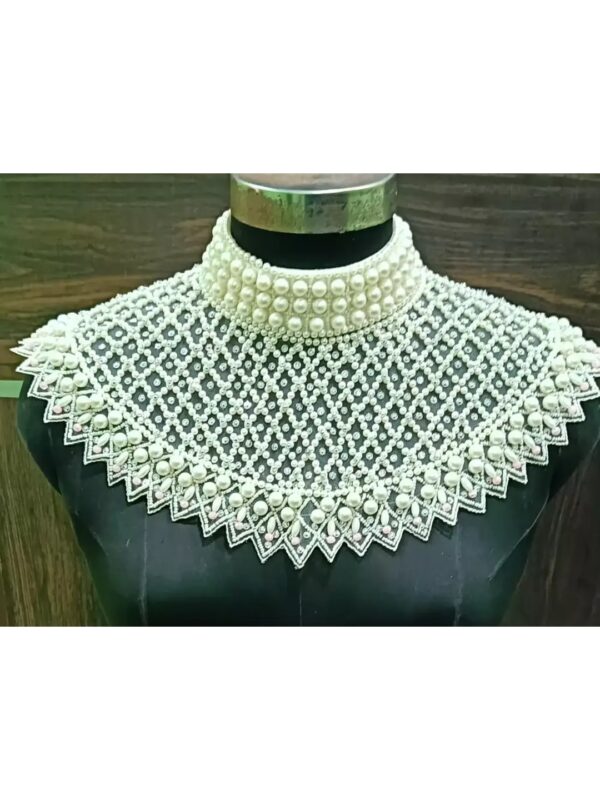 White Handmade Pearl Beaded High Neck Cape for Women