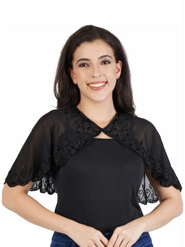 Black Embellished Asymmetric Cape for Women