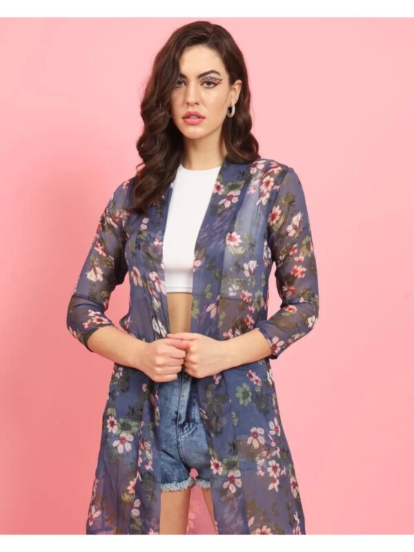 Floral Blue Georgette Long Shrug for Women