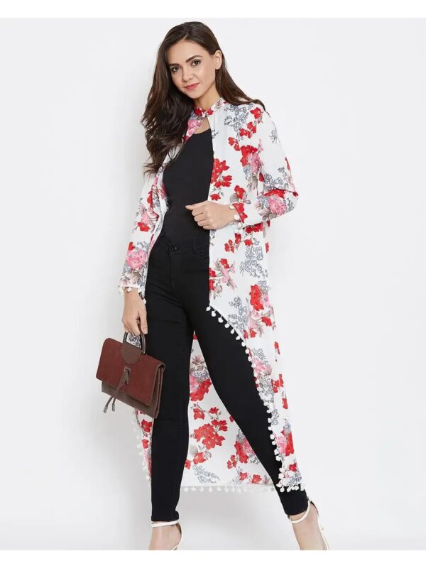 Floral White Georgette Long Shrug for Women