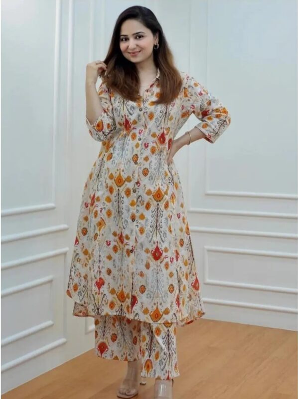 Ethnic Printed Beige Anarkali Kurta Set for Women