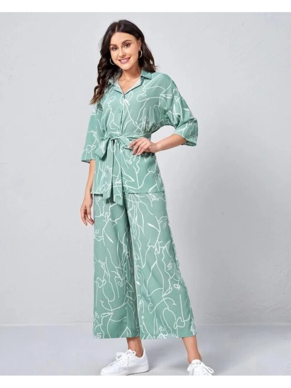 Abstract Printed Green Tie-Up Shirt Co-ord Set for Women