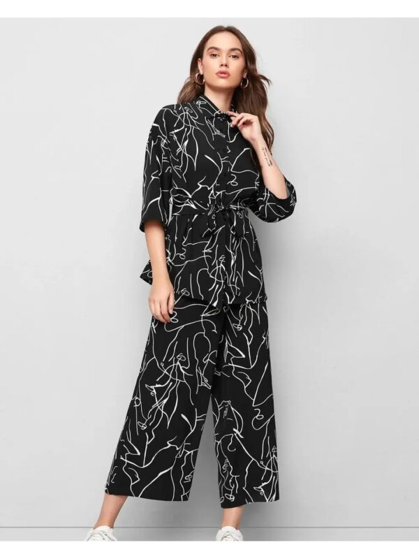 Abstract Printed Black Tie-Up Shirt Co-ord Set for Women