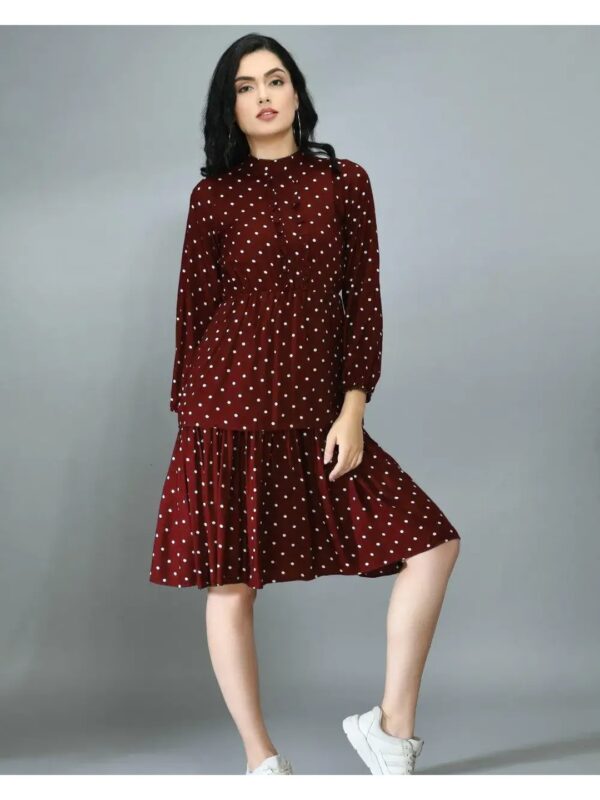 Maroon Polka Dot Mini Ruffle Dress for Women